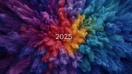 Fototapeta premium 2025 rainbow fireworks concept. Colorful explosion of particles with 