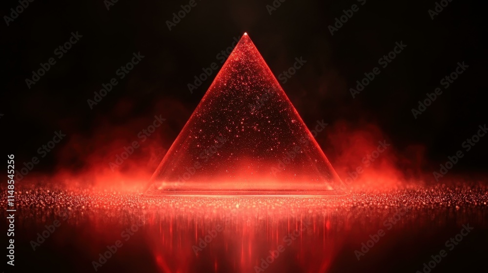 Poster glowing red neon triangle with smoky mist and reflective surface creating futuristic abstract digita