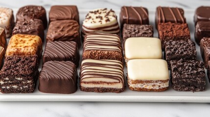 Delicious chocolate treats displayed on a platter gourmet dessert showcase elegant kitchen environment top-down view