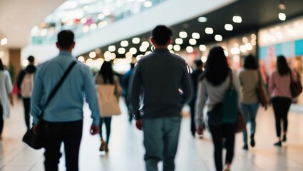 Blurred crowd walking through modern shopping mall