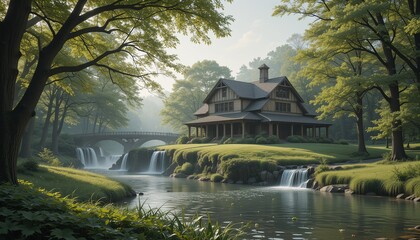 Obraz premium Photo of a villa in the middle of a tropical forest, green atmosphere and a natural looking river, suitable as a place to relax from the saturation of the city.