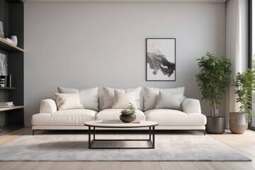 Fototapeta premium Minimal Living Room Design WIth 2 Seater Off White Sofa And Bay