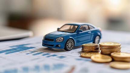 Miniature blue car sits on financial documents. Stacks of gold coins beside car. Personal loan concept for vehicle purchases. Financial assistance, credit planning key ideas. Budgeting for car also