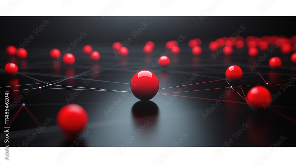 Poster red spheres connected by lines on dark background.