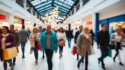 Bustling mall scene with blurred motion and lights