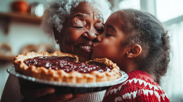 Joyful grandmother receives a kiss from granddaughter for baking sweet pie.