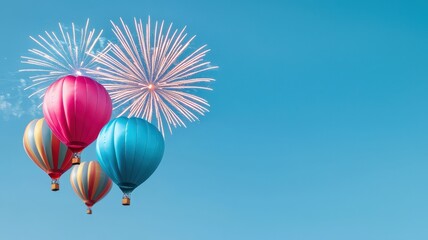 2025 rainbow fireworks concept. Colorful hot air balloons with fireworks in a clear blue sky create a festive atmosphere.