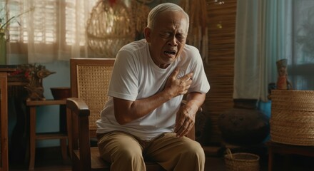Fototapeta premium Elderly asian male experiencing chest pain in cozy home environment for health awareness concepts