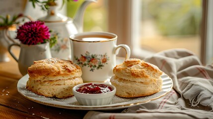 Flaky scones served with jam and accompanied by a warm cup of milk tea on the table