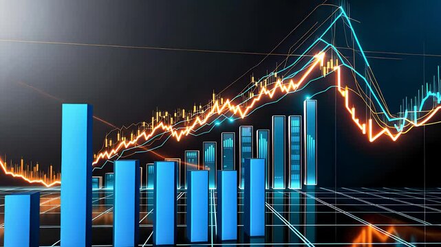 Financial Graphs and Bar Charts with Rising Trends and Neon Highlights in a High-Tech Business Environment

