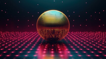 Golden disco ball with reflective surface on glowing red LED grid floor, futuristic party celebration, nightclub event background with dark starry ambiance, vibrant colorful lights and modern vibe
