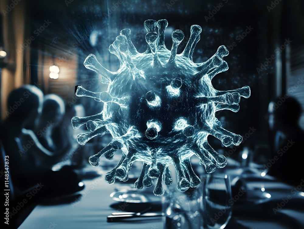 Poster Abstract representation of a virus hovering above a dining table, highlighting the contrast between social gatherings and health concerns in a modern setting.