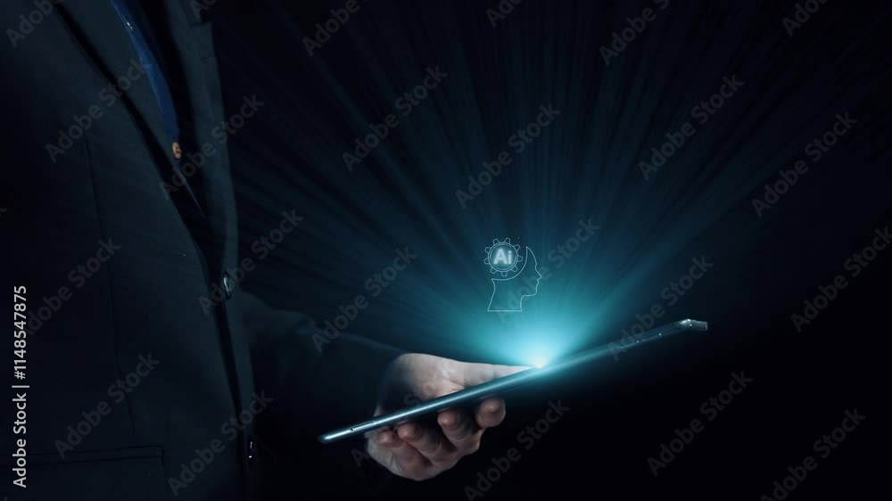 Poster human interact with ai artificial intelligence brain processor in concept of ai artificial intellige