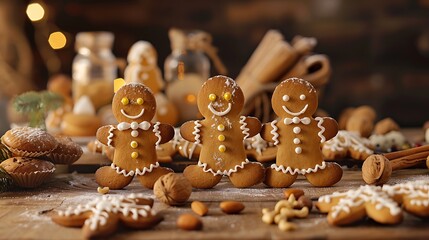 Four cheerful gingerbread figures arranged on a rustic table alongside nuts and homemade treats