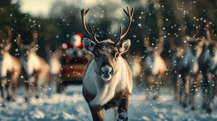 Reindeer leading Santa's sleigh through snowy forest.