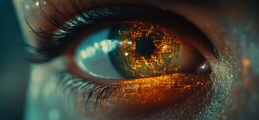 A close-up of an eye with a digital circuit overlay, symbolizing technology.