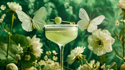 Four winged flowers with a green cocktail on a green backdrop