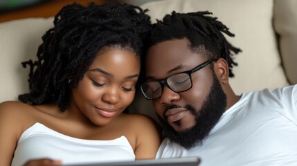Relaxed couple using tablet together on sofa.