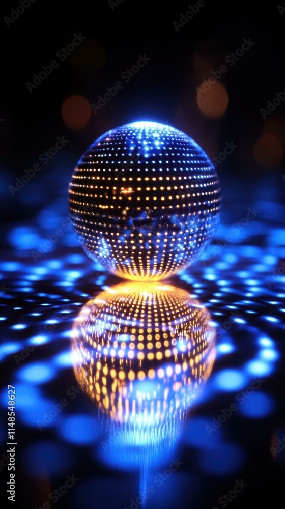 Poster futuristic glowing led sphere with intricate dot patterns reflecting on shiny surface, perfect for t