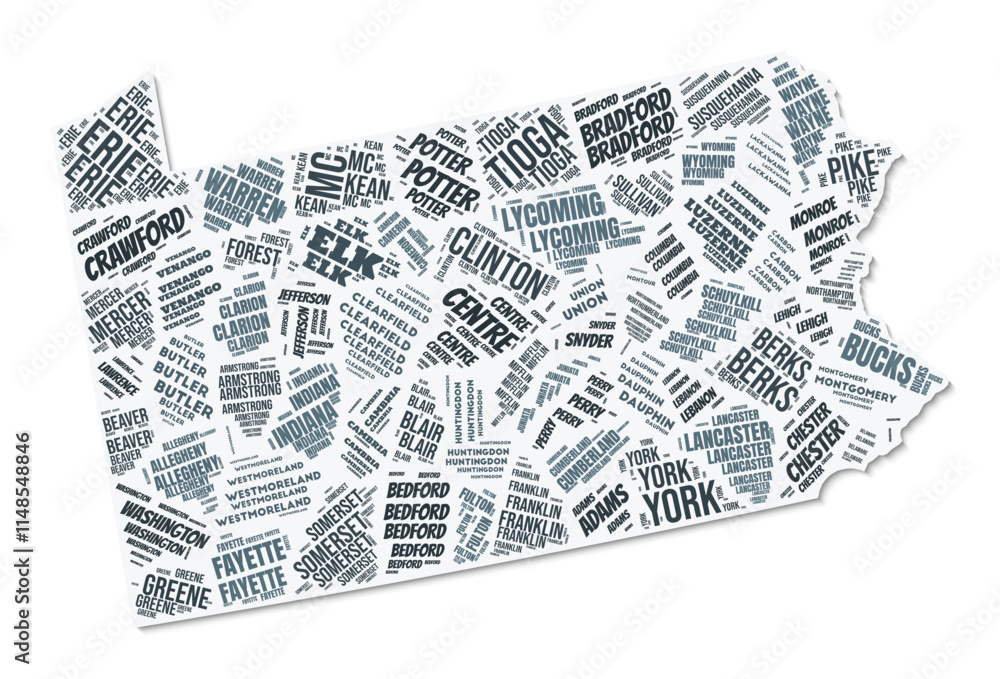 Poster pennsylvania shape text cloud. state border with shadow on white background. pennsylvania with count