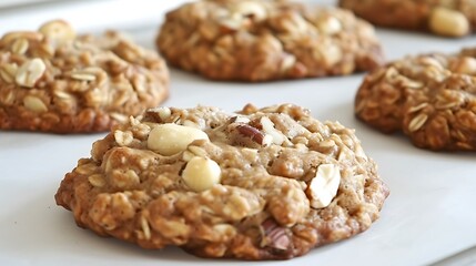 Obraz premium Freshly baked oatmeal cookies studded with crunchy nuts are perfect for snacking