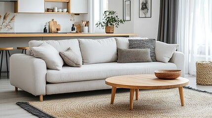 Scandinavian style living room interior with a beautiful sofa