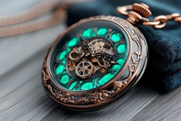 A steampunk-themed pocket watch with glowing gears and elaborate copper detailing, resting on a velvet pouch