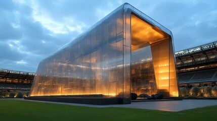 Modern translucent glass building illuminated at dusk architectural design, business office exterior, urban cityscape, technology hub, corporate event venue, blue sky background, evening ambiance, in