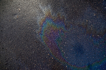 A bright oil stain on a wet asphalt road next to a car, attracting attention, highlights the problem of environmental pollution.