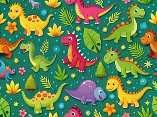Adorable Dinosaur Pattern: Cute Dino Repeating Background on Green