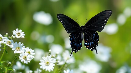 Fototapeta premium A striking black butterfly perched on delicate white flowers in a vibrant green garden setting, showcasing nature's beauty.