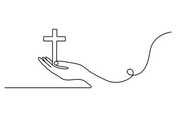Hands in prayer in front of cross one line drawing of christian three outline vector icon