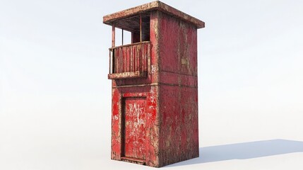 Rusted red watchtower with balcony and door, isolated on white background.