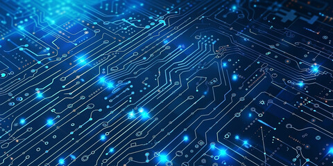 Blue Circuit Board Illustration with Futuristic Network Concept