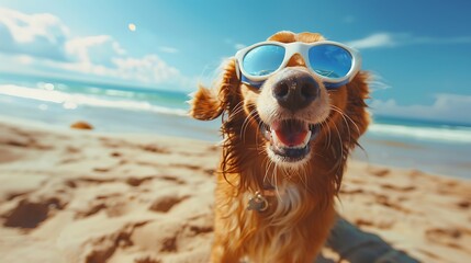 Fun and happy dog at the seaside wearing goggles and taking in the warm wind on the sandy shore