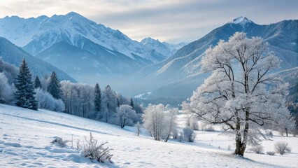 Winter landscape with snow covered mountains.