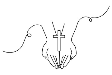 Hands in prayer in front of cross one line drawing of christian three outline vector icon