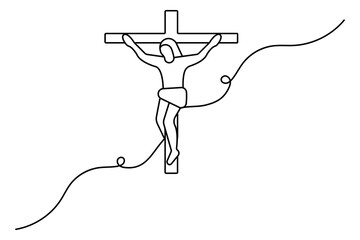 Hands in prayer in front of cross one line drawing of christian three outline vector icon