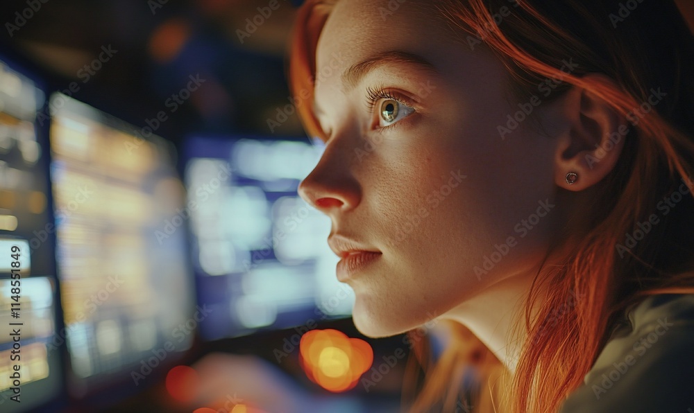 Poster a focused individual with red hair engages with computer screens in a tech environment.