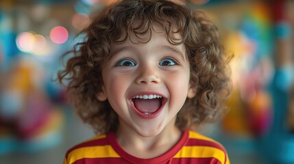 Young child displays pure joy at amusement park. Face beams with excitement. Favorite character brings magical surprise. Enchanted child revels in wonder. Amusement park experience. Unbridled