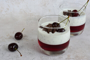healthy dessert with jelly, yogurt, chia and some cherries in drinking glass