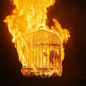 Fire Cage: A flaming birdcage symbolizes the limitations of fiery freedom, burning in black isolated background