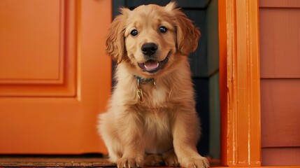 Golden retriever puppy in closeup grinning at the viewer while perched on an orange doorstep