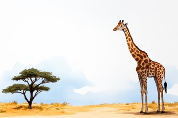 A watercolor painting of a giraffe standing in a golden savanna, with soft, blended hues creating a serene atmosphere