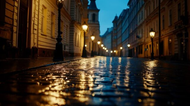 A charming cobblestone street glistens from rain as vintage lamps cast a warm glow. The tranquil atmosphere reflects the beauty of the historic architecture during twilight.