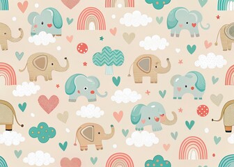 Adorable Elephant Nursery Pattern: Blush & White Clouds, Hearts, Baby Shower Fabric Design
