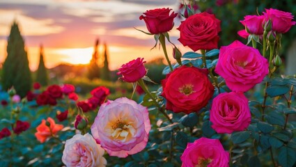 Colorful roses blooming in a garden at sunset