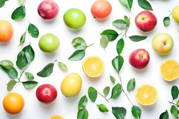 Fresh fruits on a white background with a mountain in the background.