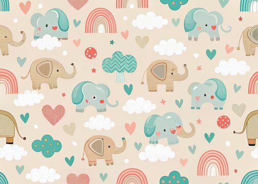 Fototapeta Adorable Elephant Nursery Pattern: Blush & White Clouds, Hearts, Baby Shower Fabric Design