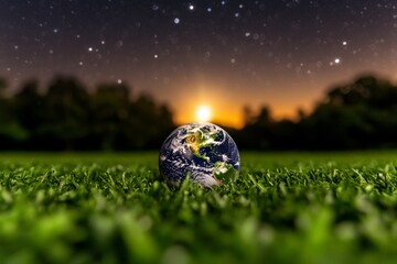 A whimsical shot of a globe placed in an open field under a starry sky, symbolizing the vastness of the Earth and the universe